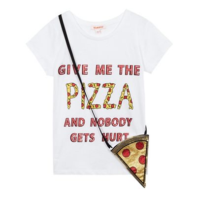 bluezoo Girls' white pizza slogan t-shirt and matching bag set